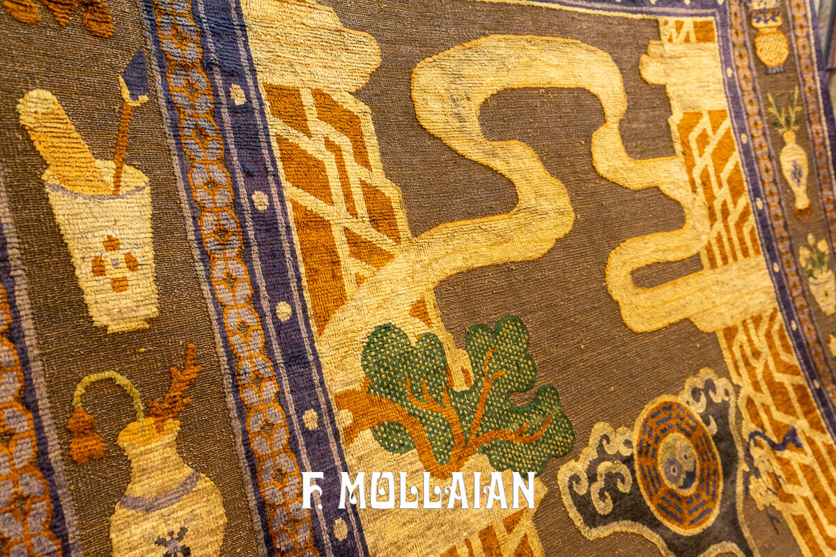 Tapis Chinois Ancien en Soie et Métal Couleur Dorée/Marron n°:414989